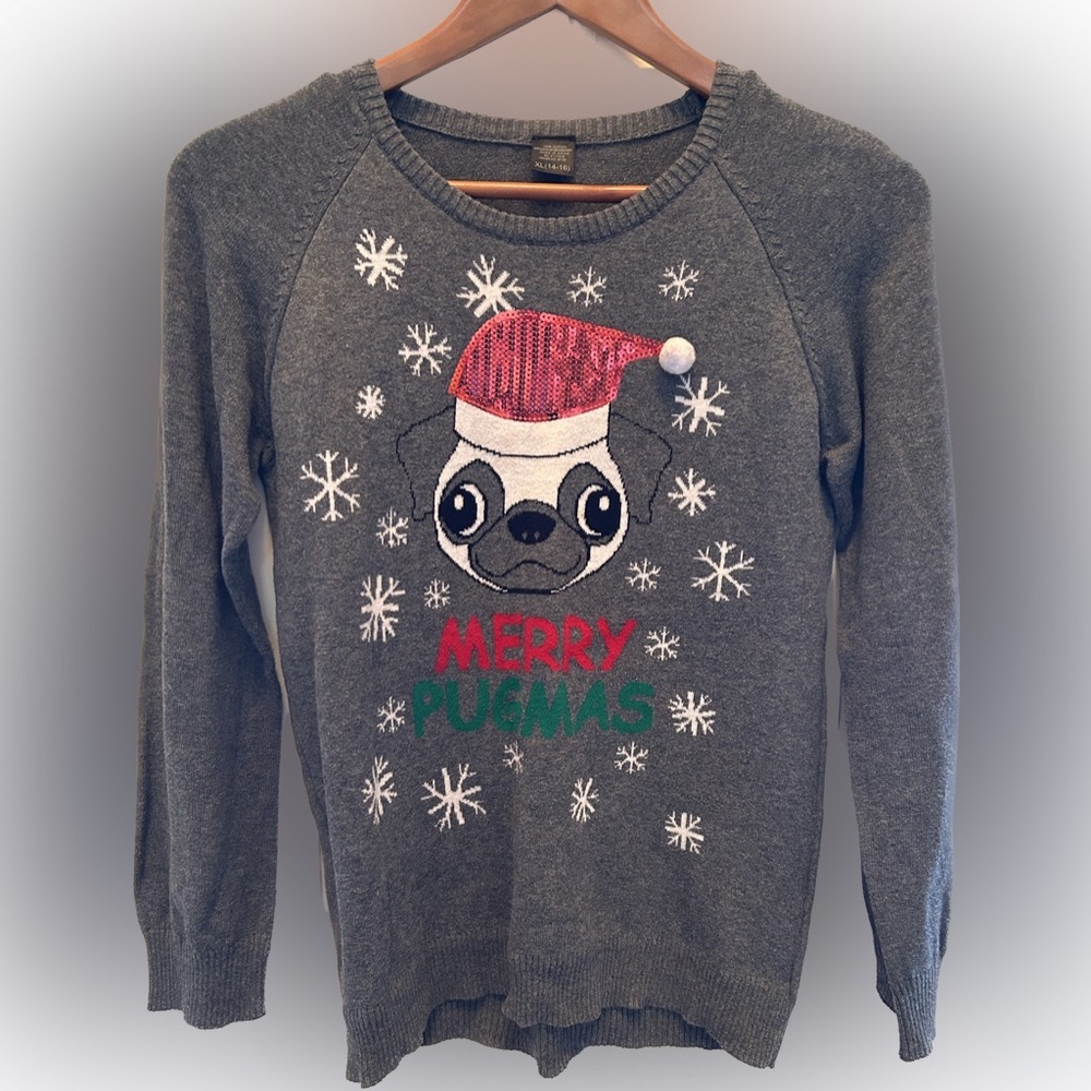 Girl's Christmas Pug sweater -red sequence hat- size 14/6